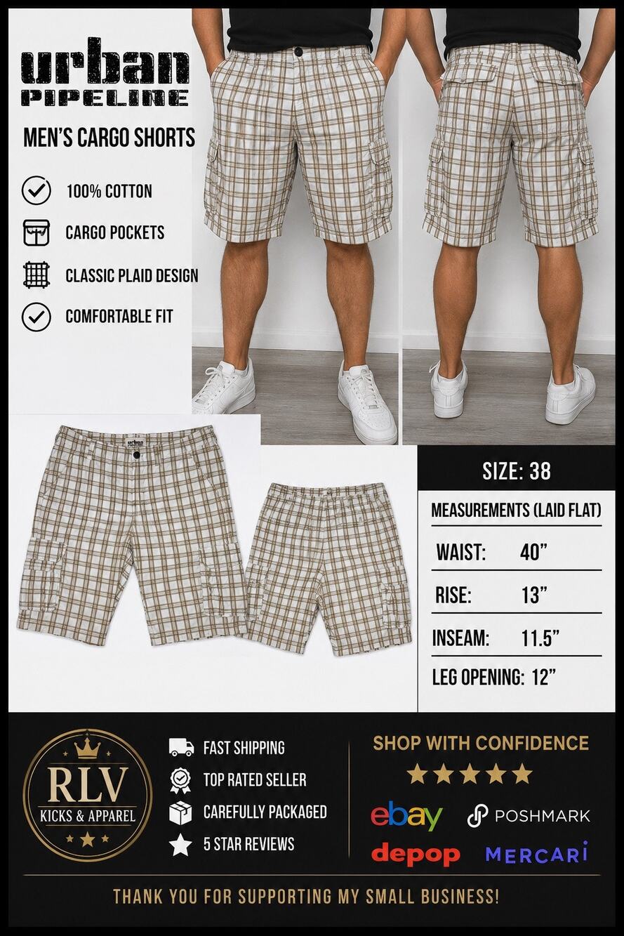 Urban Pipeline Men’s Plaid Cargo Shorts Size 38 White Tan Cotton Utility Casual